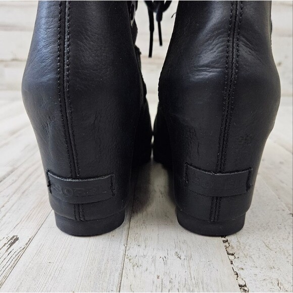 SOREL Joan Of Arctic Leather Wedge Mid Winter Ankle Boots in Black NL1987 - Picture 7 of 11